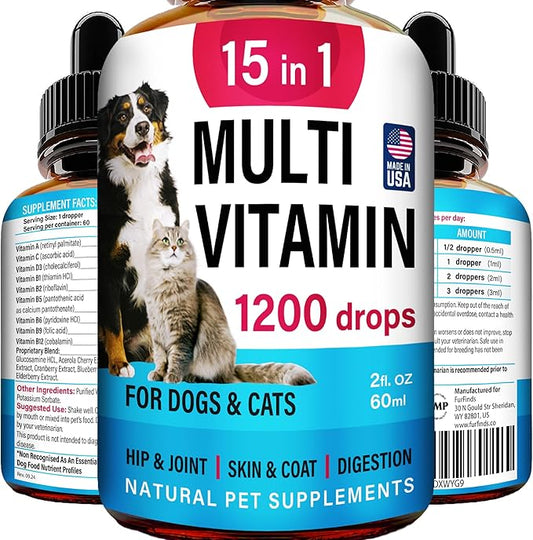 Advanced 15-in-1 Multivitamin for Dogs & Cats - Premium Liquid Supplement with Glucosamine, Vitamin B Complex and Cranberry for Joint, Digestive, Skin, Immune & UTI Support - 2.0 Fl Oz - Made in USA-PawvioPets