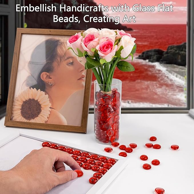 1LB Red Glass Marbles, Transparent and Smooth Flat Glass Beads for Vases, Mosaic Gem Pebbles for Aquarium Decor, Floral Arrangements, Mancala Stones, Vase Filler and Crafts (Approx. 80-100 PCS)-PawvioPets