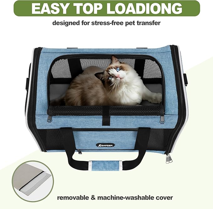 Cat Carrier 18 x 11 x 11 Top Loading Soft-Sided Pet Travel Bag Over 15lbs, Portable Small Dog Puppy Car Crate 10 lbs, Chihuahua Kennel Carry Case, Kitty Cloth Cage Medium Cat Under 25 Blue-PawvioPets