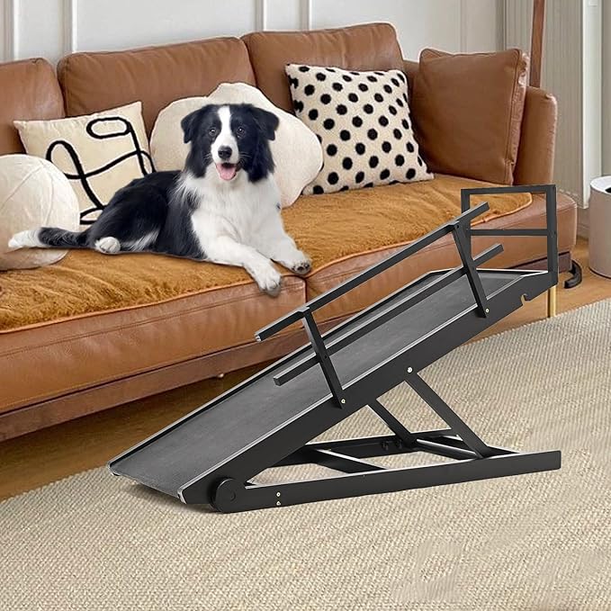 Dog Ramp for Bed, Adjustable Pet Ramps for Dog to Get on Bed, Non-Slip Rubber Surface - Folding Wooden Dog Ramp for Small/Large/Old Dogs, Adjustable up to 23.5 inch High Beds, Safety Railings-PawvioPets