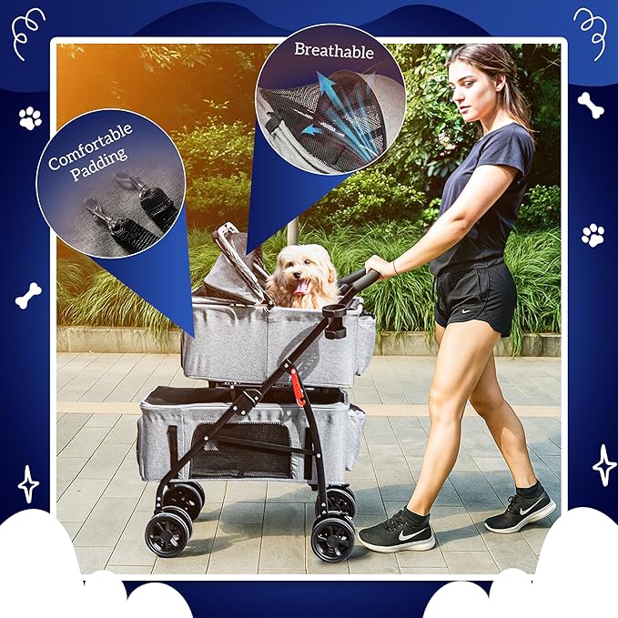 Detachable Pet Double Stroller with 4 Rolling Casters for 2 Pets – Lightweight Multifunctional Travel Stroller with Mesh Windows, Cup Holder, Sun Shades & Storage Pocket for Puppy and Kitty-PawvioPets