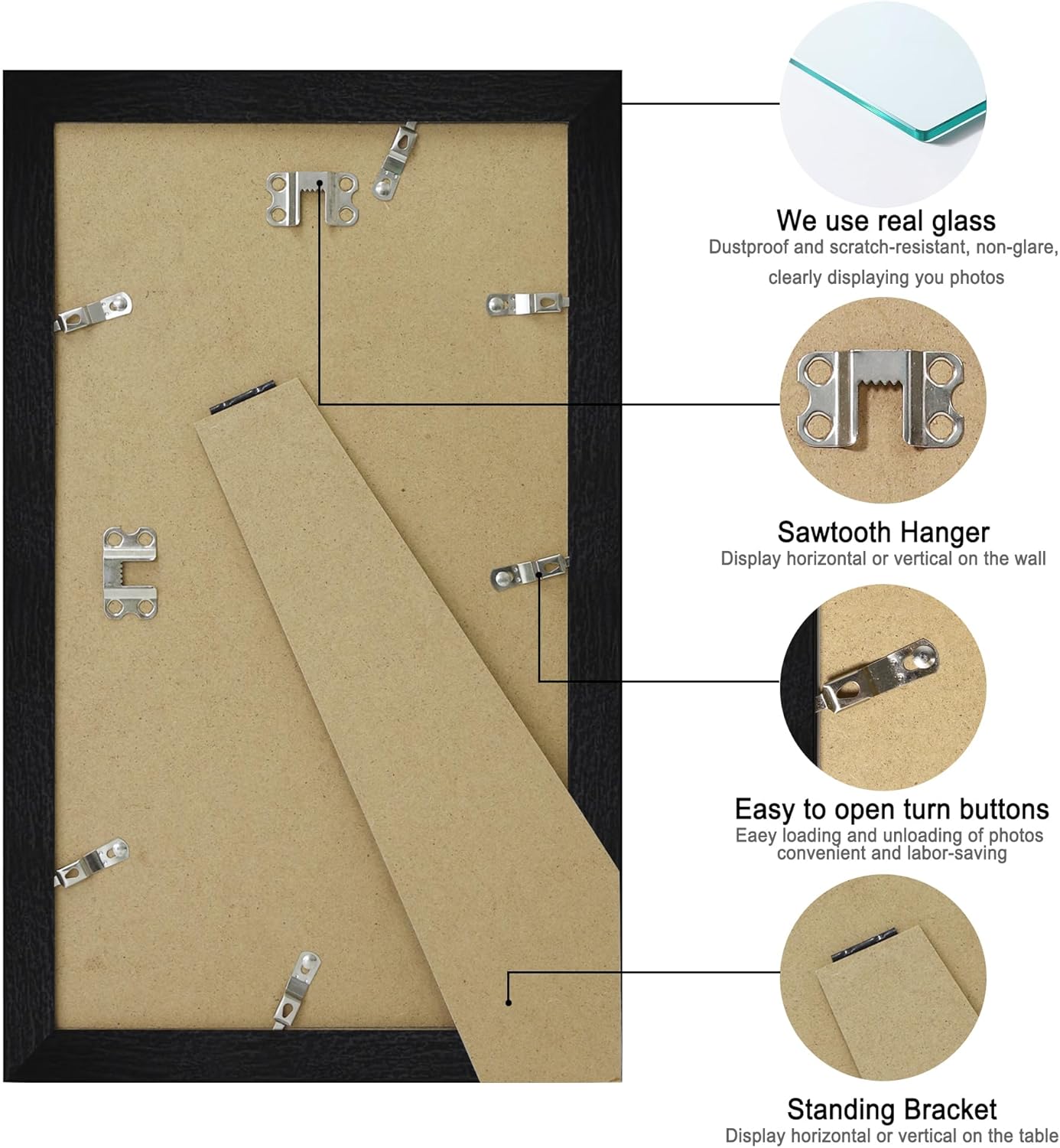 8x14 Picture Frame Set of 2, Rustic Black Wood Frame with Glass Collage Frame, Display Pictures 3-4x6 With Mat or 8 x 14 Without Mat - Horizontal or Vertical Wall Mounting