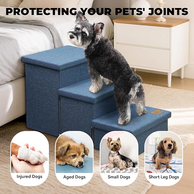 Dog Stairs with Storage 18" H, 3-Step Wider Dog Steps for Small/Medium/Large Dogs Cats, Folding Sturdy Pet Stairs Climbing Bed or Sofa, Ramp for Car Hold Up to 200 lbs (Navy Blue, No Condo)-PawvioPets