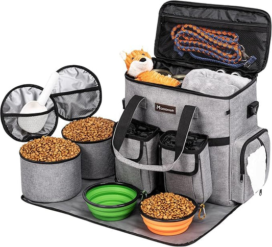 Airline Approved Dog Travel Bag with 2 Dog Treat Training Pouches, Tote Organizer for Weekend Pet Travel Supplies & Accessories, 2 Collapsible Bowls, 2 Food Container (Grey)-PawvioPets