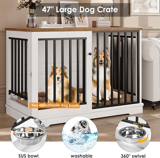 Dog Crate Furniture 47" Large Dog Kennel for Dogs Indoor, Heavy Duty Dog Cage with Sliding Door and 2 SUS Bowls Wooden End Table in Living Room for Small Medium Large Dogs, White-PawvioPets