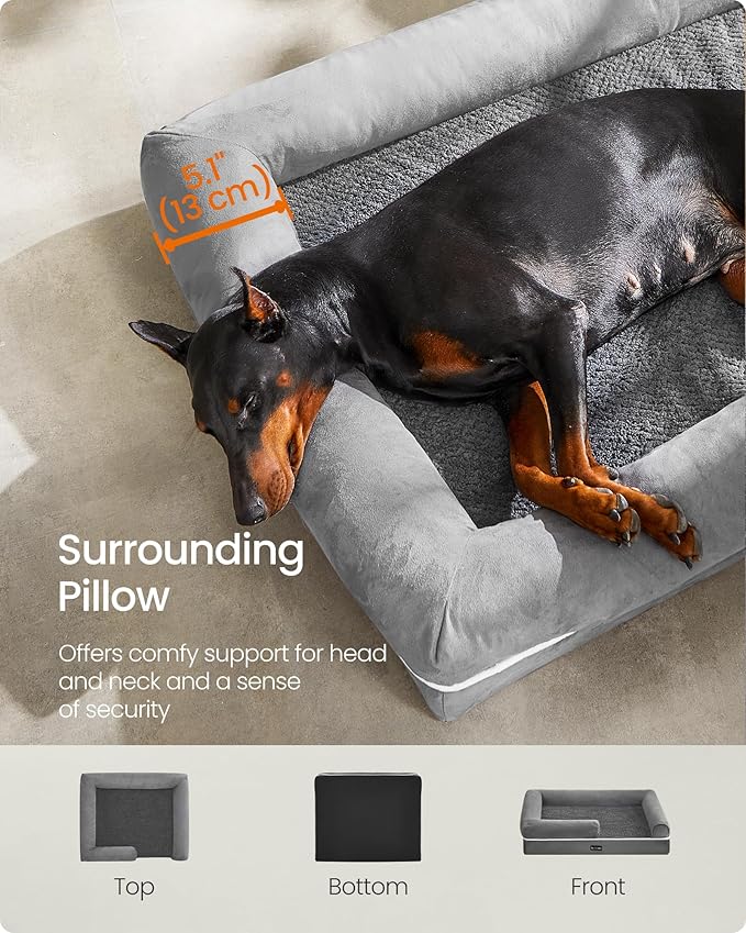 Feandrea Orthopedic Dog Bed, Large Dog Bed Waterproof, Removable Washable Cover Sofa with Non-Slip Bottom, Raised Edges, 48 x 33 x 8 Inches, Light Gray UPGW078G02V1-PawvioPets