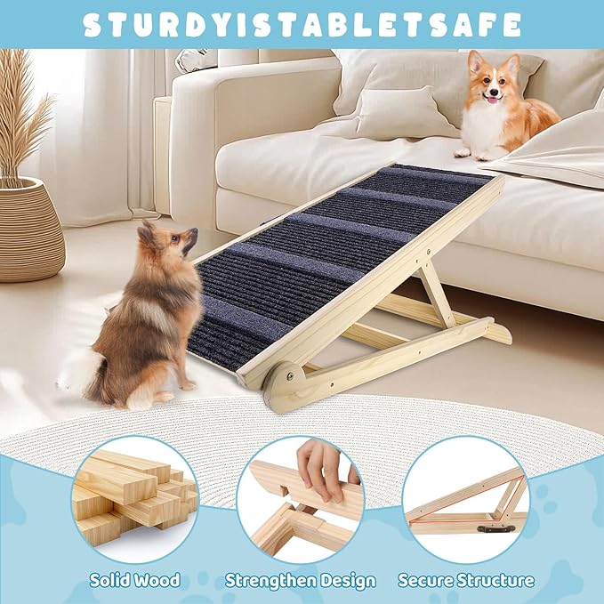 Dog Ramp for Bed, 6 Adjustable Height from 13.8" to 25.6", Folding Portable Wooden Pet Ramp for Small Dogs - Non-Slip High Traction Dog Ramp for High Bed Couch and Car Up to 200lbs-PawvioPets