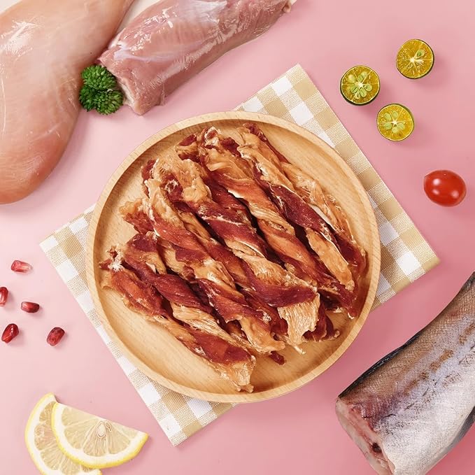 Dog Jerky Treats Triple Flavor Chicken Duck Wrapped Cod Twisted Sticks 5'', Rawhide Free Grain Free Dog Training Snacks Chews for Small Medium Large Dogs, 10.6 oz-PawvioPets