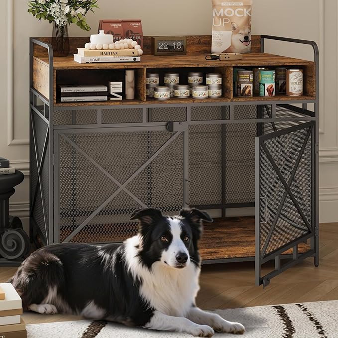 Dog Crate Furniture, 48" Heavy Duty Wooden Dog Crate End Table, XL Dog Kennel Furniture Large Breed, Decorative Dog Kennel Indoor with 3 Drawers & Steel Tubes 48" L x28 W x38 H (Rustic Brown)-PawvioPets