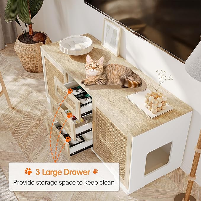 Cat Litter Box Enclosure Furniture Hidden Indoor 2-in-1 Wooden Cat & Washroom Cabinet with Scratching Board Doors and 3 Drawer for 2 Cats, 55"x20"x24"H-PawvioPets
