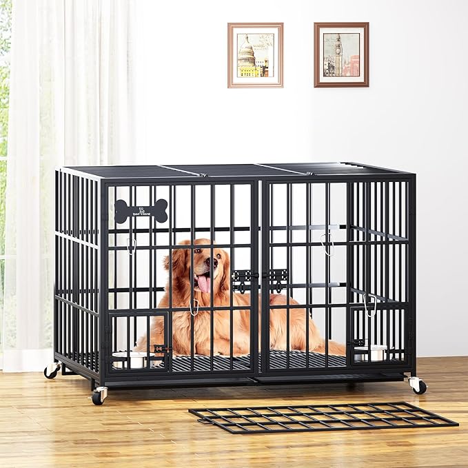 aboxoo 48/42 inch XL Dog Crate for Large Dog/Double Medium Dogs,Heavy Duty Metal Dog Cages,All Metal Open Top,Dog Kennel Indoor with Wheels,Floor Grid, Tray, Divider and Feeding Bowl-PawvioPets