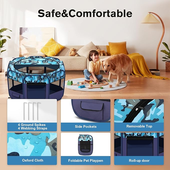 Dog Playpen, Pet Playpen, Portable Cat Playpen, Foldable Puppy Playpen Exercise Kennel Tent with Carry Case Collapsible Bowl,Water-Resistant Shade Cover for Indoor Outdoor Travel （Bule,Medium）-PawvioPets