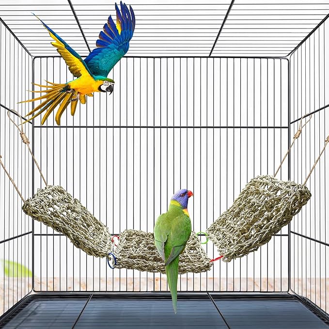 BNOSDM Bird Seagrass Mat, 3 PCS 7.1 x 7.1 Inches Parrot Natural Seagrass Woven Bird Net Hammock Mat, Parakeet Climbing Rope Ladder Chew Toys Hut Hideout for Lovebird Cockatiel Conure Budgie-PawvioPets