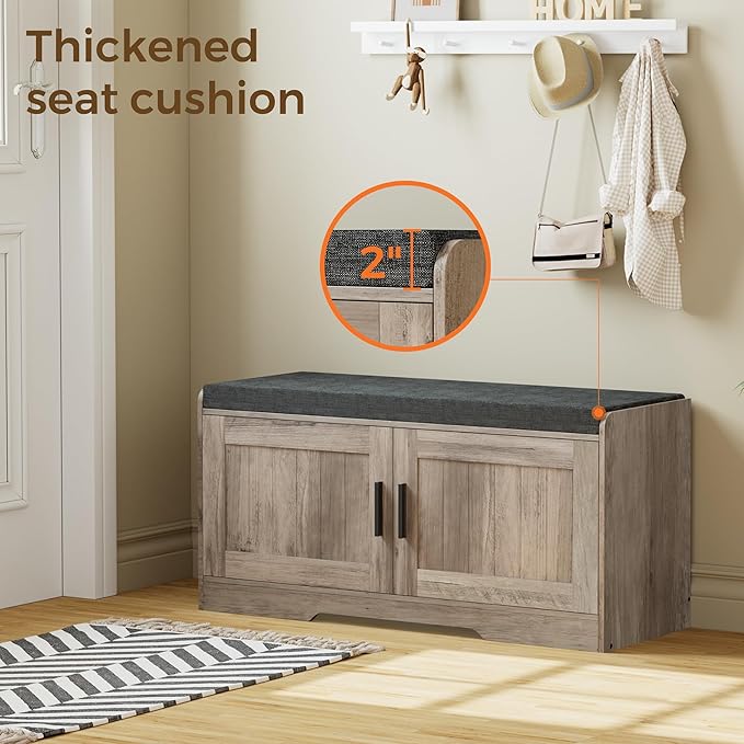 2-Tier Storage Bench, Shoe Bench with Thickened Padded Seat Cushion, Entryway Bench with 2 Doors, Adjustable Shelf, 13.8" D x 37.4" W x 18.5" H, for Entryway, Living Room, Bedroom, Greige-PawvioPets