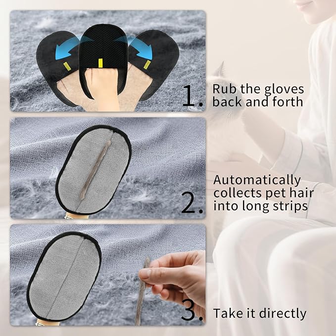 3 Pcs Pet Hair Removal Glove, Electrostatic Pet Hair Removal Gloves, Reusable Cat and Dog Hair Remover, for Couch, Carpet, Furniture, Car, Bedding, Cat Grooming Gloves-PawvioPets
