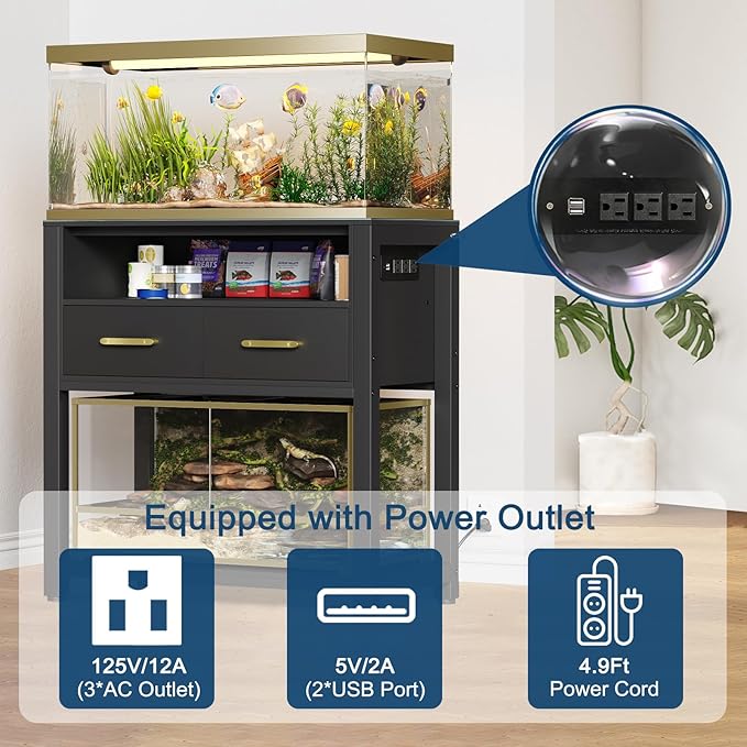 20-29 Gallon Aquarium Stand with Power Outlet & 2 Storage Drawers, Heavy Duty Metal Frame Fish Tank Stand with Waterproof Mat, 30.7" L*15.7" W Tabletop, 550LBS Capacity, Black-PawvioPets