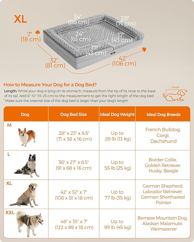 Feandrea Orthopaedic Dog Bed for Large Dogs, Waterproof Dog Sofa Bed with Removable Washable Cover, 42 x 32 x 7 Inches, Dove Gray UPGW253G01-PawvioPets