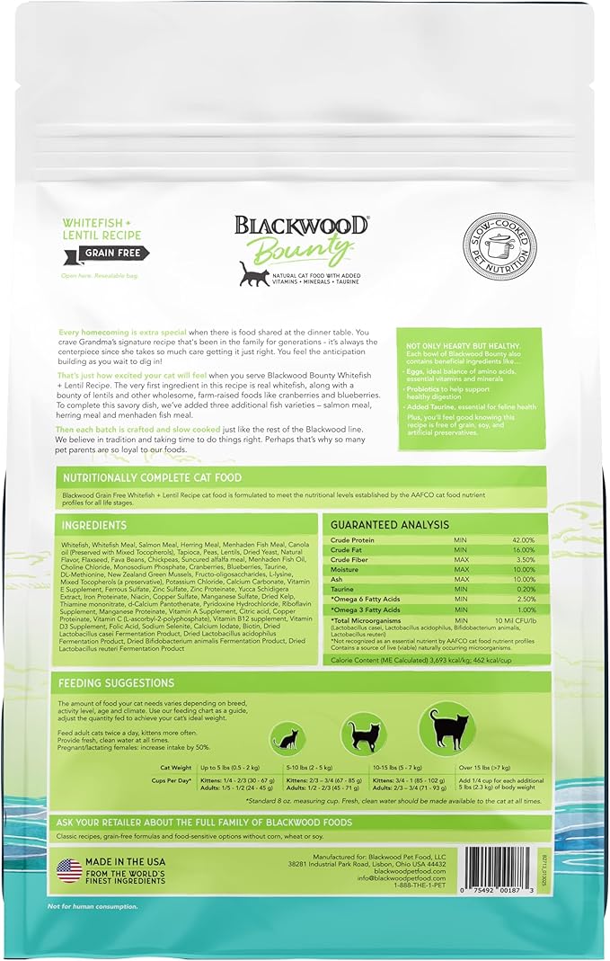 Blackwood Bounty Dry Cat Food, Whitefish & Lentil Recipe for All Life Stages, 4.5 Pound Bag, High Protein, Grain Free-PawvioPets