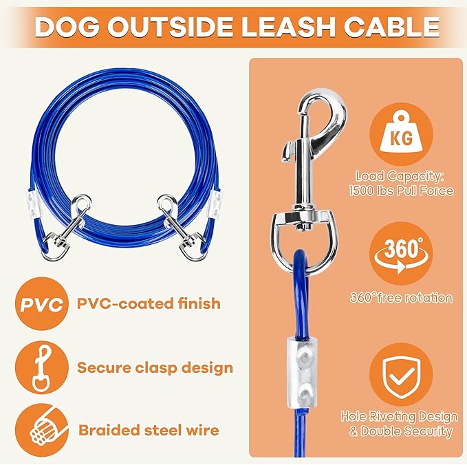 Dog Tie Out Stake, Heavy Duty 360°Swivel Dog Outside Lead Cable, Screw in Spike Auger Ground Stake Anchors with Power Nut Drill Bit, T Wrench and Leash, for Yard Camping Beach-PawvioPets