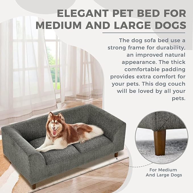 Dog Sofa Couch for Medium to Large Dogs, Memory Foam Dog Sofa Bed, Modern Elevated Pet Couch Bed with Wooden Legs for Medium and Large Dogs, Dark Grey-PawvioPets