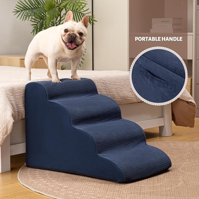4-Step Dog Stairs and Ramp for Beds or Couches,Non-Slip Sturdy Pet Steps for Small Dogs and Cats,17.4" H,Blue-PawvioPets