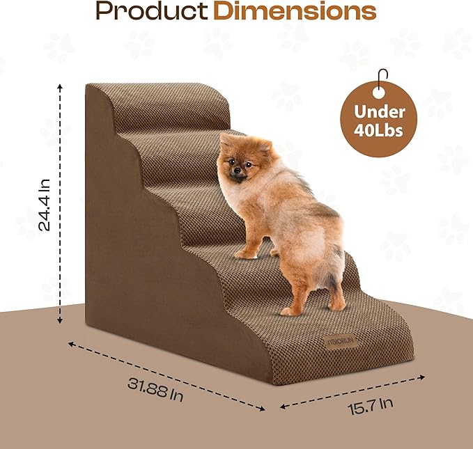 Dog Stairs for High Beds Up to 26-30", 5-Step Foam Pet Ramp with Washable Cover, Gentle Slope Steps, Bed & Couch Ladder for Small Medium Dogs & Senior Cat, Puppy Stairs to Get on Tall Furniture-PawvioPets