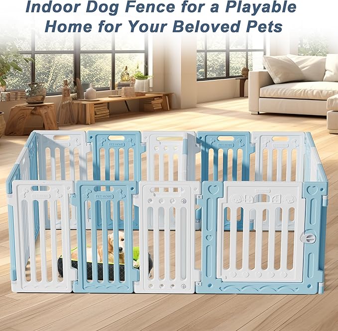 2 Room Dog Playpen with Door,DIY Shape Combination Puppy Pen,16-Panel+2 Link Piece+Large Door+Small Door,25.5" H Dog Fence,Non-Slip&Secure Pet Gate,Easy to Assemble,Blue+White-PawvioPets