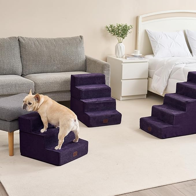 EHEYCIGA Dog Stairs for Small Dogs 13.5" H, 3-Step Dog Steps for Couch Sofa and Chair, Pet Steps for Medium Cats, Non-Slip Balanced Pet Ramp Indoor, Purple-PawvioPets