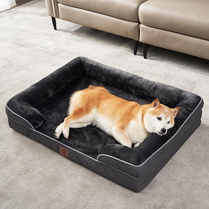 EHEYCIGA Orthopedic Dog Bed for Medium Dogs, Waterproof Memory Foam Medium Pet Beds with Sides, Non-Slip Bottom and Egg-Crate Foam Dog Couch Bed with Washable Removable Cover, Dark Grey-PawvioPets