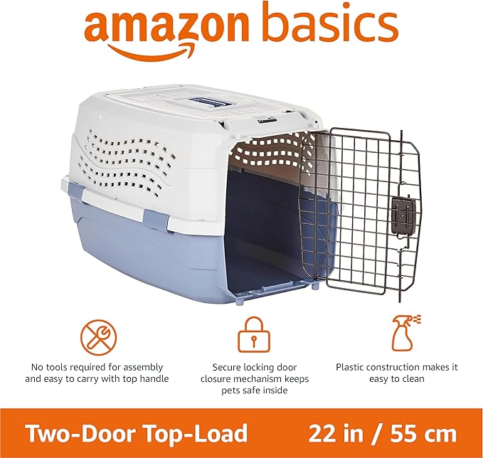 Amazon Basics 2-Door Top-Load Hard-Sided Dogs, Cats Pet Travel Carrier, Gray & Blue, 22.8"L x 15.0"W x 13.0"H-PawvioPets