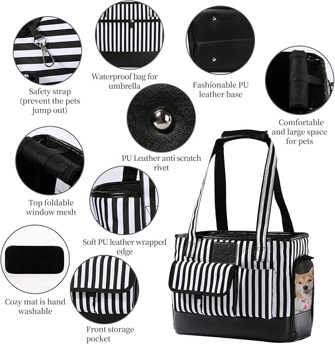 Cat Carrier, Dog Carrier, Pet Carrier, Foldable Waterproof Premium PU Leather Oxford Cloth Dog Purse, Portable Bag Carrier for Small to Medium Cat and Small Dog - Black White Stripes New-PawvioPets