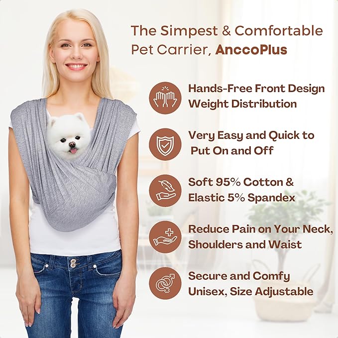 Dog Carriers for Small Dogs, Front Facing Small Dog Carrier, Hands Free Pet Carrier, Size Adjustable Cat Carriers, Reducing Back Pain, Safe Soft Cotton Cat Sling (Regular, Heather Gray)-PawvioPets