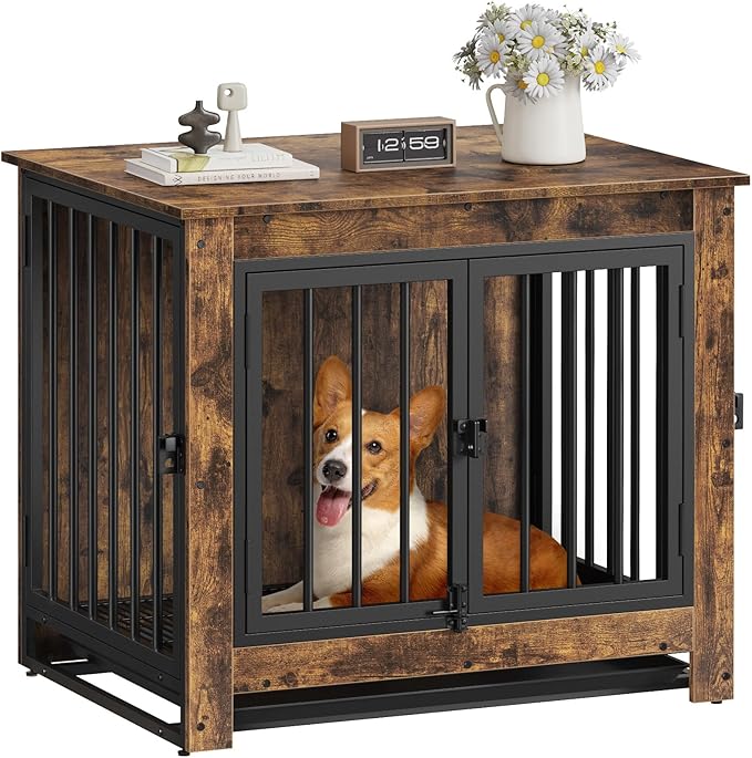 Dog Crate Furniture, Dog Crate End Table for Small and Medium Dogs,Wooden Cage Kennel Furniture Indoor, Modern Dog Crate with Multi-Purpose Removable Tray, Double-Doors Dog Furniture, Rustic Brown-PawvioPets