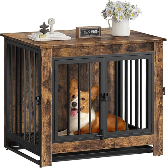 Dog Crate Furniture, Dog Crate End Table for Small and Medium Dogs,Wooden Cage Kennel Furniture Indoor, Modern Dog Crate with Multi-Purpose Removable Tray, Double-Doors Dog Furniture, Rustic Brown-PawvioPets
