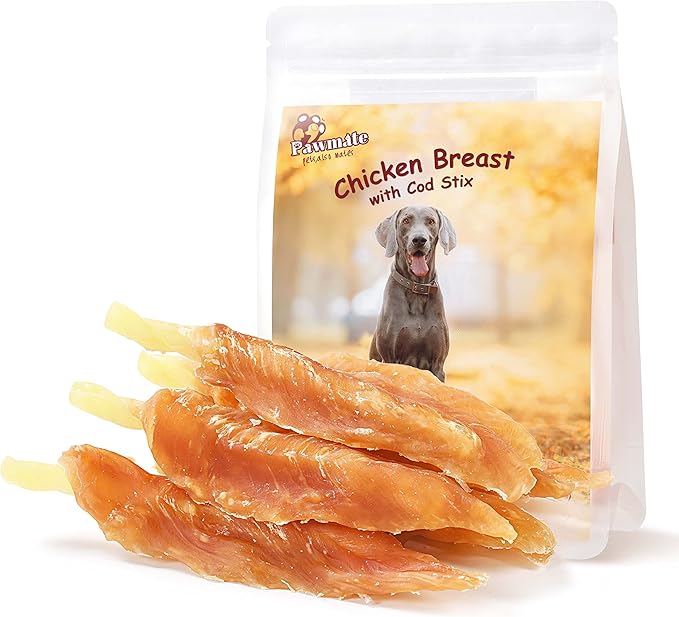 Dog Treats Chicken Tender Wrapped Cod Sticks, Rawhide-Free High Protein Dog Jerky Soft Chews, Healthy Training Snacks for Small Medium Large Dogs, 9-10 Counts, 10.6 oz-PawvioPets