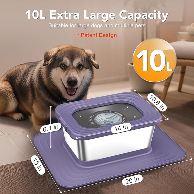 Decflow 10L Stainless Steel Dog Water Bowl, No Spill Anti-Splash Dog Bowls with XXL Silicone Mat, Spill-Proof Slow Feeder for Messy Drinkers, Heavy Duty Pet Bowls for Indoor/Outdoor Use Purple-PawvioPets