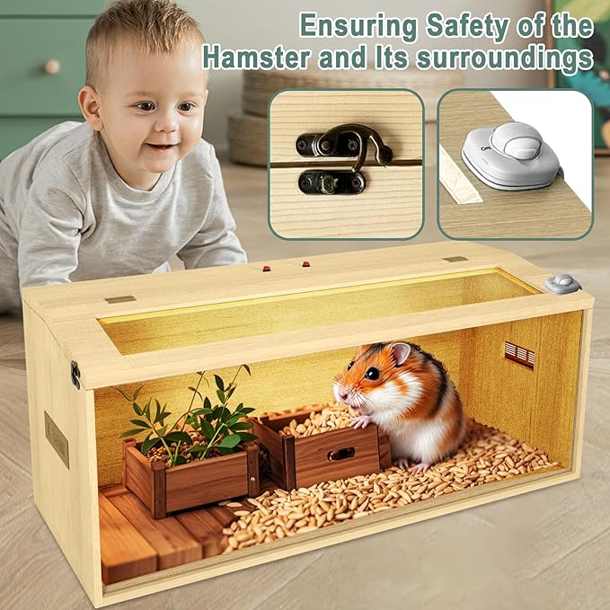 32" Hamster Habitat Enclosure, Top Opening Lockable Roof Door, Gerbil Dwarf Hamster Cage with Hygrometer, Chewproof Syrian Hamster Cage for Mice, Small Animal, (Wooden, 32" L x 16" W x 16" H)-PawvioPets