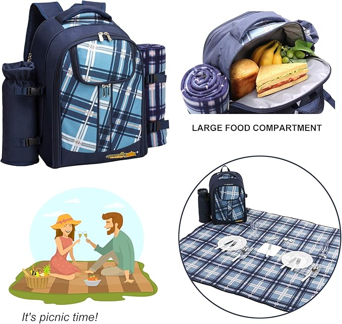 Apollo Walker Picnic Backpack Bag for 2 Person with Cooler Compartment, Detachable Bottle/Wine Holder, Fleece Blanket, Plates and Cutlery (Blue)-PawvioPets