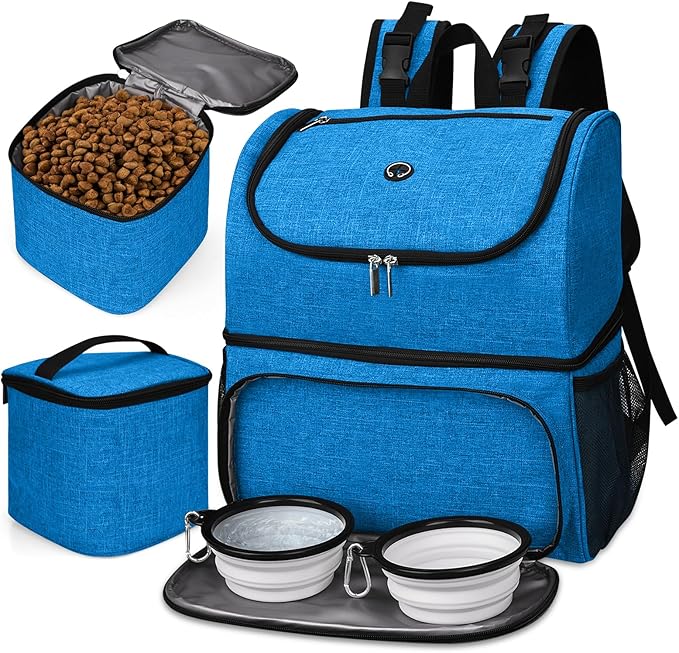BAGLHER Pet Travel Bag, Double-Layer Pet Supplies Backpack (for All Pet Travel Supplies), Pet Travel Backpack with 2 Silicone Collapsible Bowls and 2 Food Baskets Blue-PawvioPets