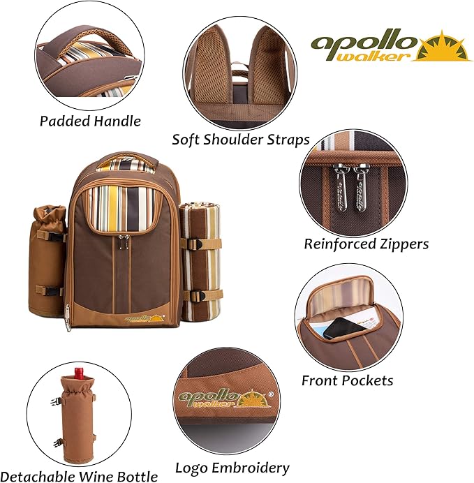Apollo Walker Picnic Backpack Bag for 4 Person with Cooler Compartment,Wine Bag, Picnic Blanket(45"x53"),Best for Family and Lovers Gifts (Brown)-PawvioPets