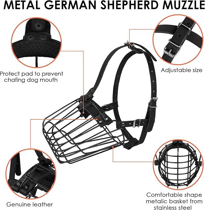 German Shepherd Dog Muzzle Metal Basket for Medium Large Dogs Adjustable Durable Leather Straps Secure Wire Mask for Biting Chewing Barking (Black, L - Size)-PawvioPets