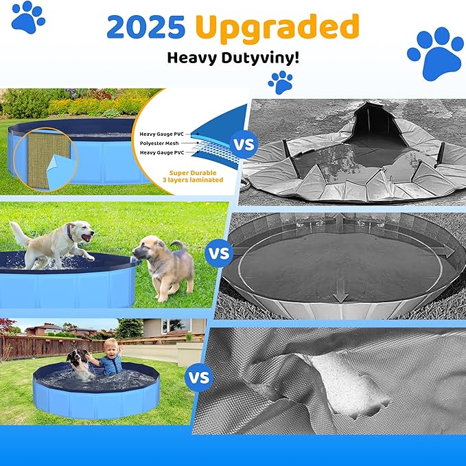 48" x 12" Foldable Dog Pool - Collapsible Hard Plastic Kiddie Pool for Dogs & Kids, Non-Slip Pet Bath Tub for Outdoor Backyard Use, Lightweight & Portable (Blue)-PawvioPets