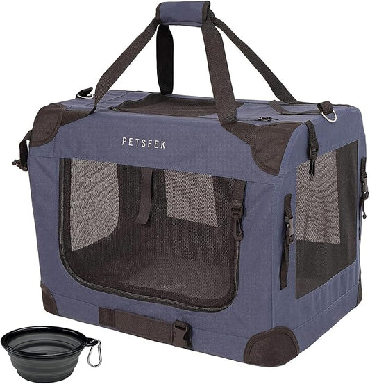 Extra Large Cat Carrier Soft Sided, Portable Small Dog Carrier for 2 Cats, 24"x16.5"x16" Car Travel Folding Comfortable Design with Bowl, Blue-PawvioPets