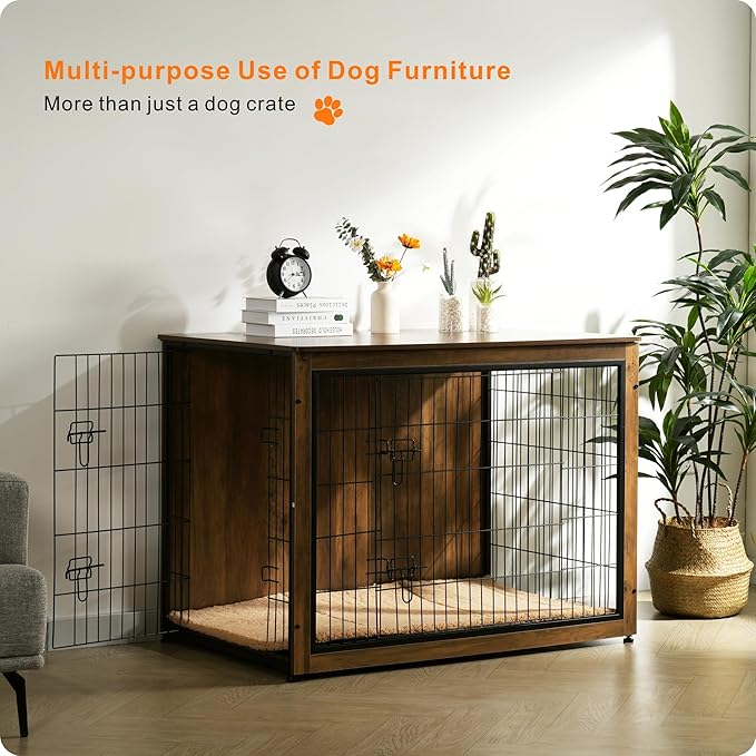 DWANTON Dog Crate Furniture with Cushion, Wooden Kennel Table with Double Doors, Indoor Dog House, Extra Large, 43.3" L, Warm Brown-PawvioPets