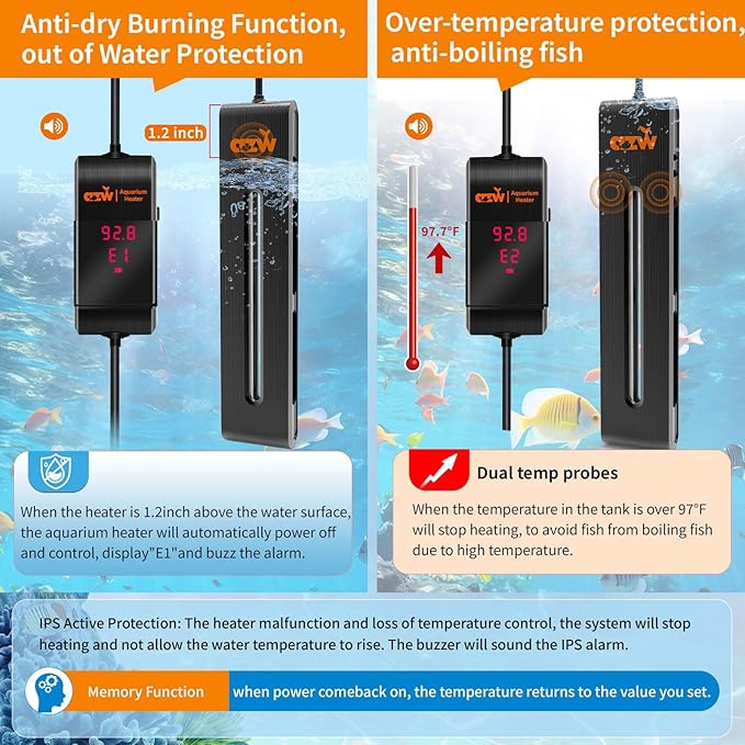 azw Aquarium Heater 300W/500W/800W, Fish Tank Heater with Digital LED Controller, Frequency Conversion Energy Saving, IPS Anti-Boiling Fish, Multiple Intelligent Protection for Freshwater/Saltwater-PawvioPets