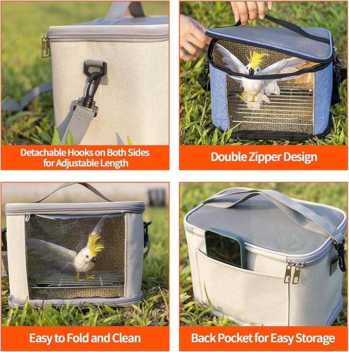 Bird Travel Carrierm, Small Bird Travel Backpack Carrier Cage with Tray and Breathable Clear Window, for Parakeet Cockatiel Budgies, for Camping Hiking (Large-White)-PawvioPets