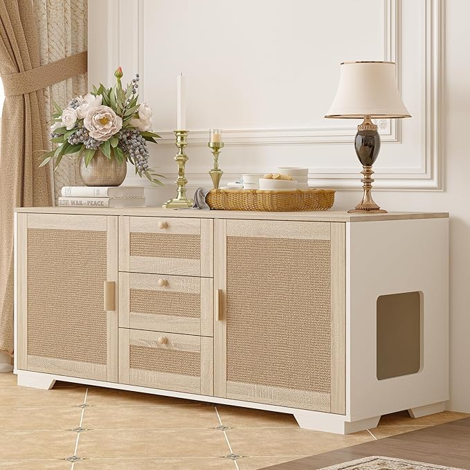 Cat Litter Box Enclosure Furniture Hidden Indoor 2-in-1 Wooden Cat & Washroom Cabinet with Scratching Board Doors and 3 Drawer for 2 Cats, 55"x20"x24"H-PawvioPets