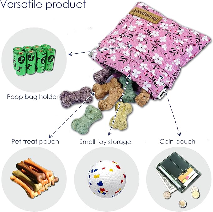 Dog Treat Pouch, Small Cotton Pocket Sized Training Holder, Hand Free Walking Fanny Bag with Carabiner, Self-Closing Pet Feed Snack Reward, Behavior Aids for Puppy Travel or Outdoor Use-PawvioPets