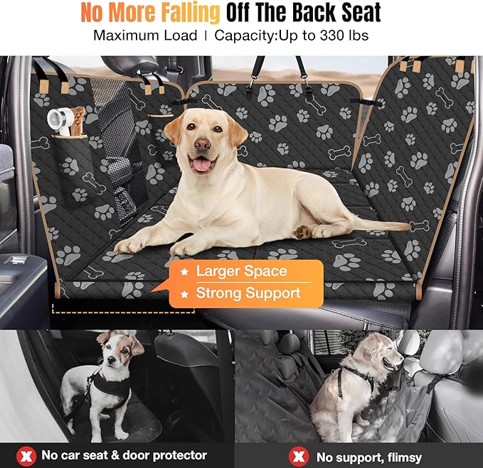 Dog Car Seat Cover for Back Seat, Larger Dog Car Bed Cover with Strong Bottom, Car Back Seat Extender Hammock for Full Size Truck/SUV Black 8 Panels Black Foot Print-PawvioPets