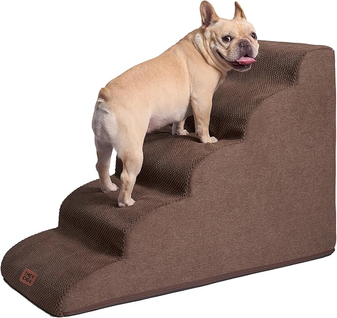 EHEYCIGA Curved Dog Stairs Ramp for High Beds 22.6" H, 5-Step Dog Steps for Small Dogs and Cats, Pet Stairs for High Bed Climbing, Non-Slip Balanced Pet Step Indoor, Brown-PawvioPets